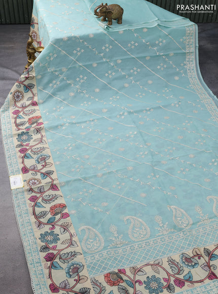 Semi organza saree pastel shade and beige with allover embroidery work and applique pallu & blouse