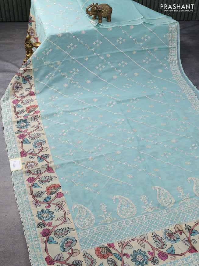 Semi organza saree pastel shade and beige with allover embroidery work and applique pallu & blouse