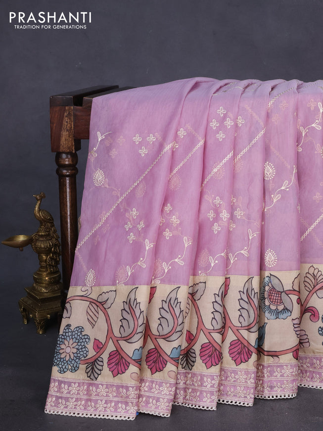 Semi organza saree mauve pink and beige with allover embroidery work and applique pallu & blouse