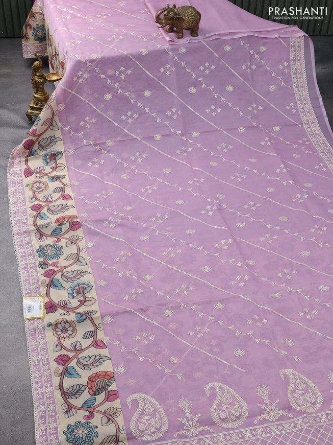 Semi organza saree mauve pink and beige with allover embroidery work and applique pallu & blouse
