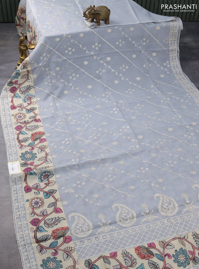 Semi organza saree pastel grey and beige with allover embroidery work and applique pallu & blouse