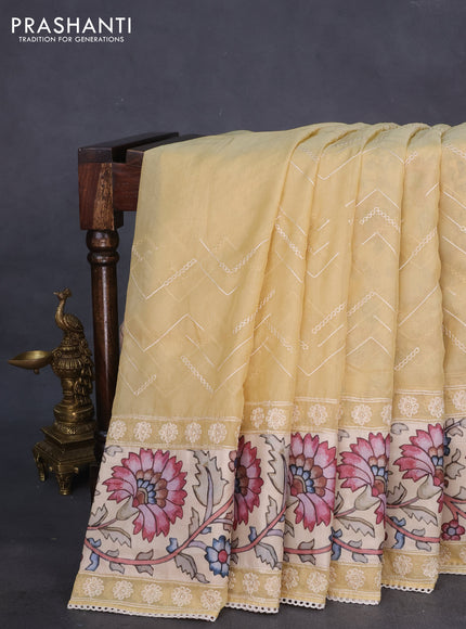 Semi organza saree sandal and beige with allover embroidery work and applique pallu & blouse