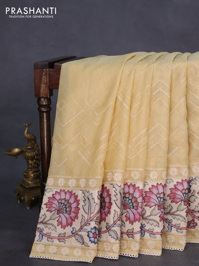 Semi organza saree sandal and beige with allover embroidery work and applique pallu & blouse