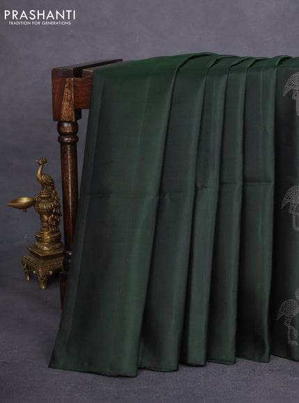 Pure soft silk saree bottle green and dual shade of greenish blue with silver zari buttas in borderless style