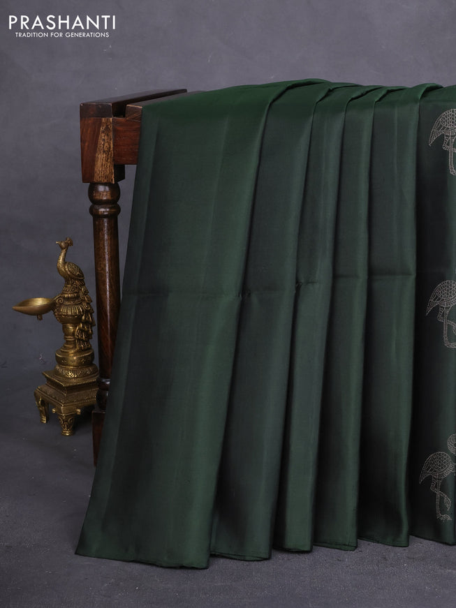 Pure soft silk saree bottle green and dual shade of greenish blue with silver zari buttas in borderless style