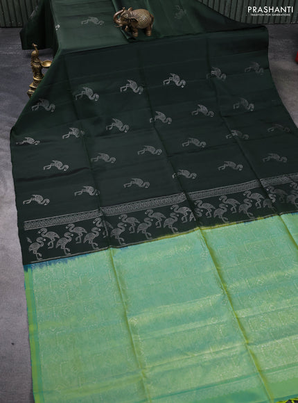 Pure soft silk saree bottle green and dual shade of greenish blue with silver zari buttas in borderless style