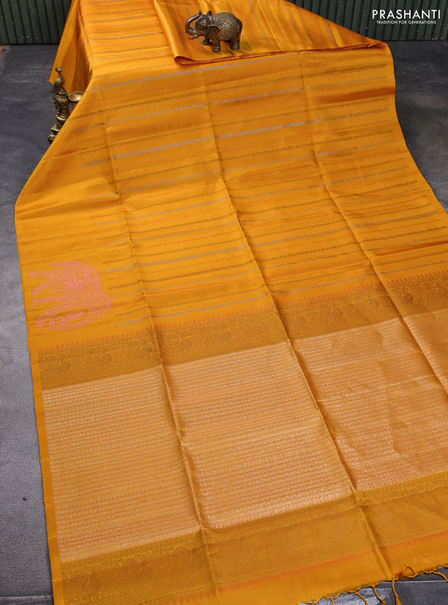 Pure soft silk saree mustard yellow with allover zari weaves and zari woven butta border