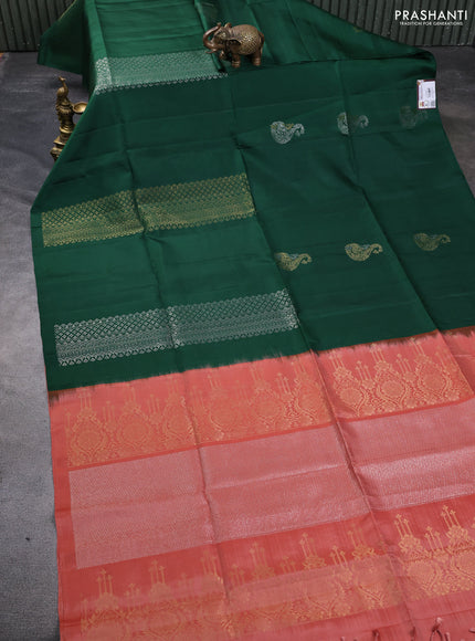 Pure soft silk saree green and dark peach shade with silver & gold zari woven peacock buttas in borderless style