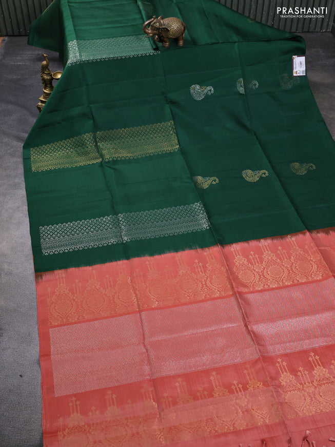 Pure soft silk saree green and dark peach shade with silver & gold zari woven peacock buttas in borderless style