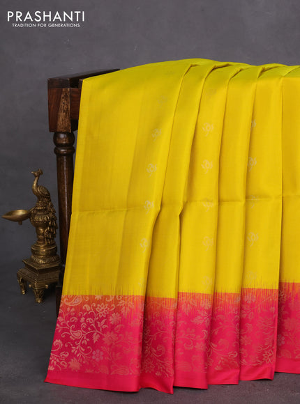 Pure soft silk saree lime yellow and dual shade of pink with allover silver & gold zari woven buttas and zari woven border