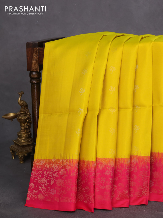 Pure soft silk saree lime yellow and dual shade of pink with allover silver & gold zari woven buttas and zari woven border