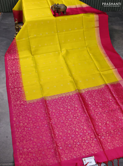 Pure soft silk saree lime yellow and dual shade of pink with allover silver & gold zari woven buttas and zari woven border