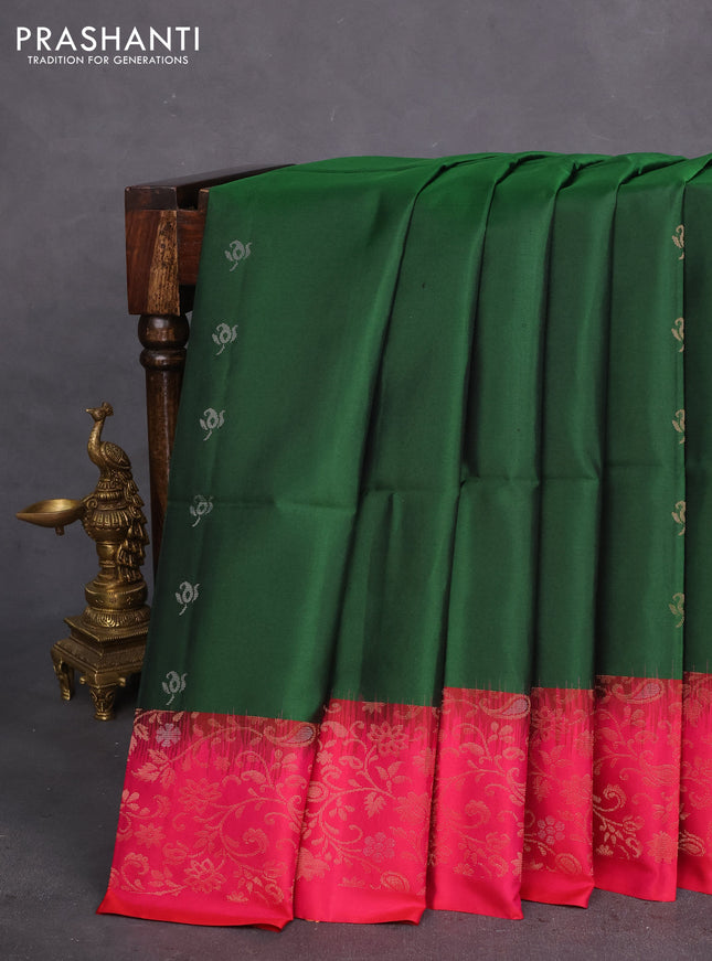 Pure soft silk saree green and dual shade of pink with allover silver & gold zari woven buttas and zari woven simple border