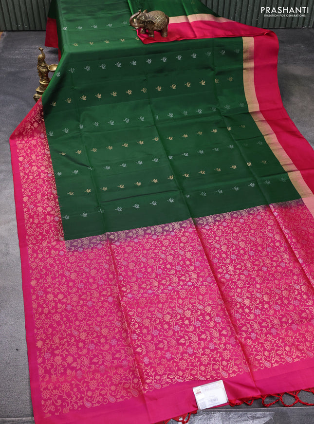 Pure soft silk saree green and dual shade of pink with allover silver & gold zari woven buttas and zari woven simple border