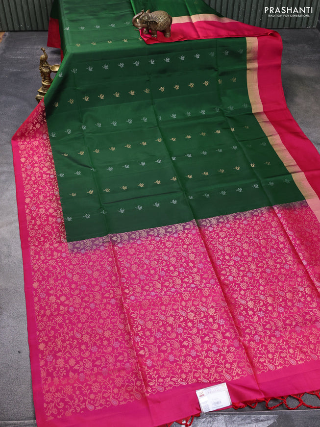 Pure soft silk saree green and dual shade of pink with allover silver & gold zari woven buttas and zari woven simple border