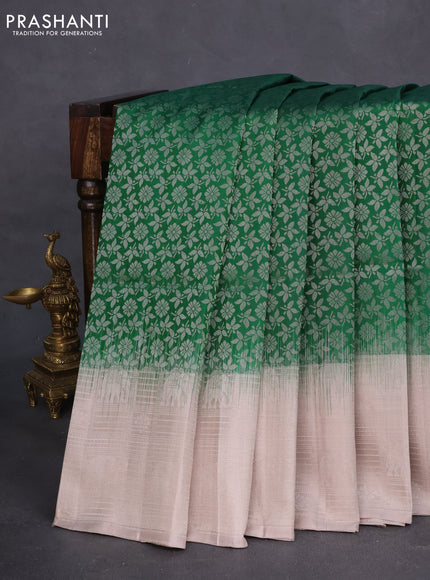 Pure soft silk saree green and pastel grey shade with allover silver zari brocade weaves and long silver zari woven border