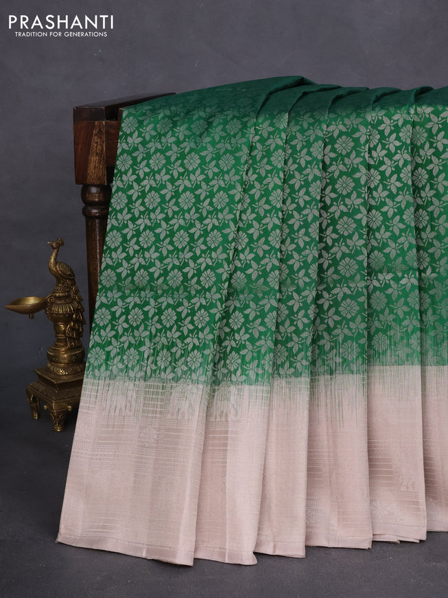 Pure soft silk saree green and pastel grey shade with allover silver zari brocade weaves and long silver zari woven border