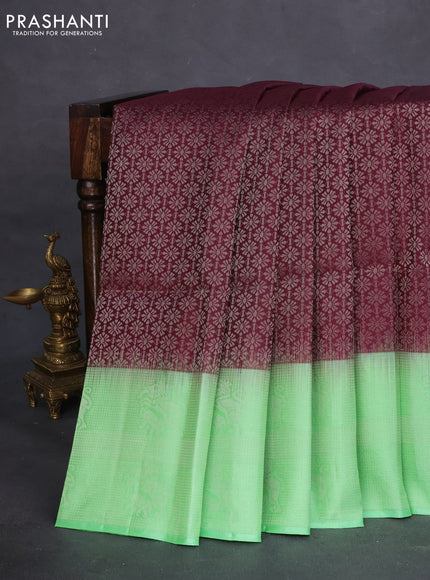 Pure soft silk saree deep wine shade and fluorescent green with allover silver zari brocade weaves and long silver zari woven border