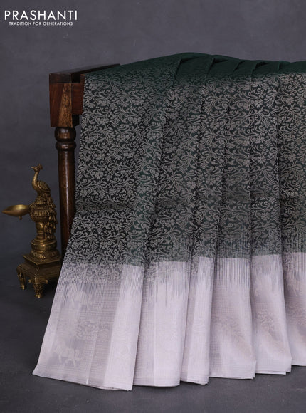 Pure soft silk saree bottle green and pastel grey with allover silver zari brocade weaves and long silver zari woven border