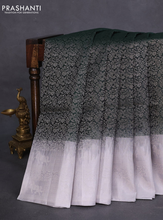 Pure soft silk saree bottle green and pastel grey with allover silver zari brocade weaves and long silver zari woven border