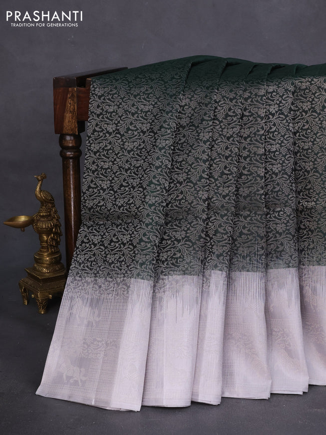 Pure soft silk saree bottle green and pastel grey with allover silver zari brocade weaves and long silver zari woven border