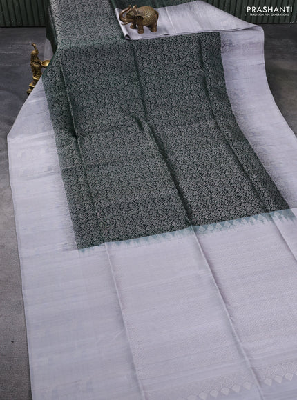 Pure soft silk saree bottle green and pastel grey with allover silver zari brocade weaves and long silver zari woven border