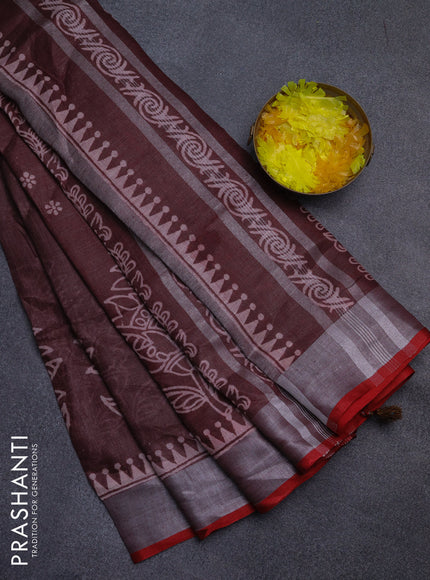 Pure linen saree coffee brown and red with allover prints and silver zari woven border