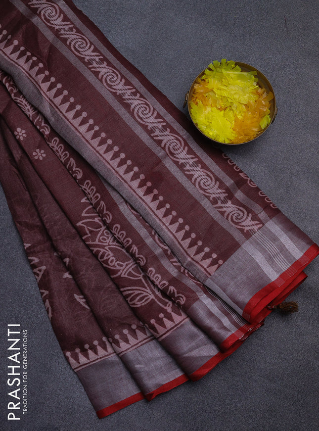 Pure linen saree coffee brown and red with allover prints and silver zari woven border