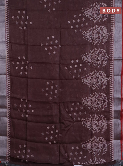 Pure linen saree coffee brown and red with allover prints and silver zari woven border