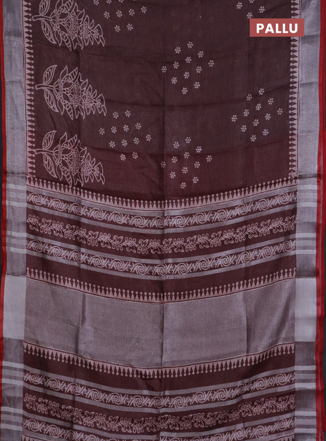 Pure linen saree coffee brown and red with allover prints and silver zari woven border