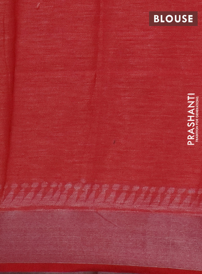 Pure linen saree pale orange and red with allover prints and silver zari woven border