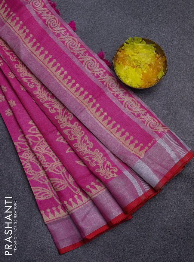 Pure linen saree pink and red with allover prints and silver zari woven border