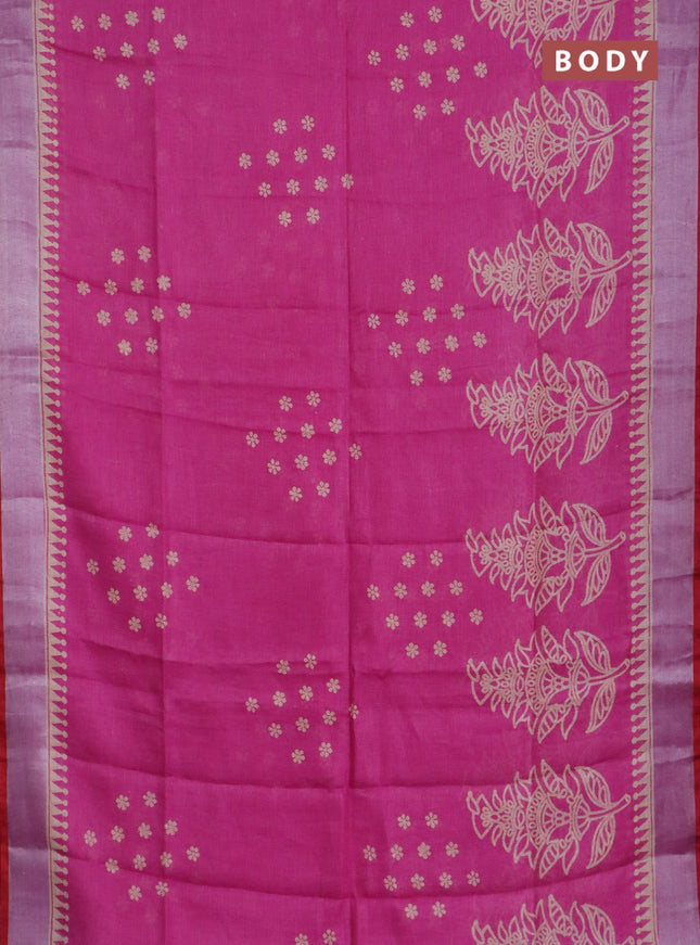 Pure linen saree pink and red with allover prints and silver zari woven border