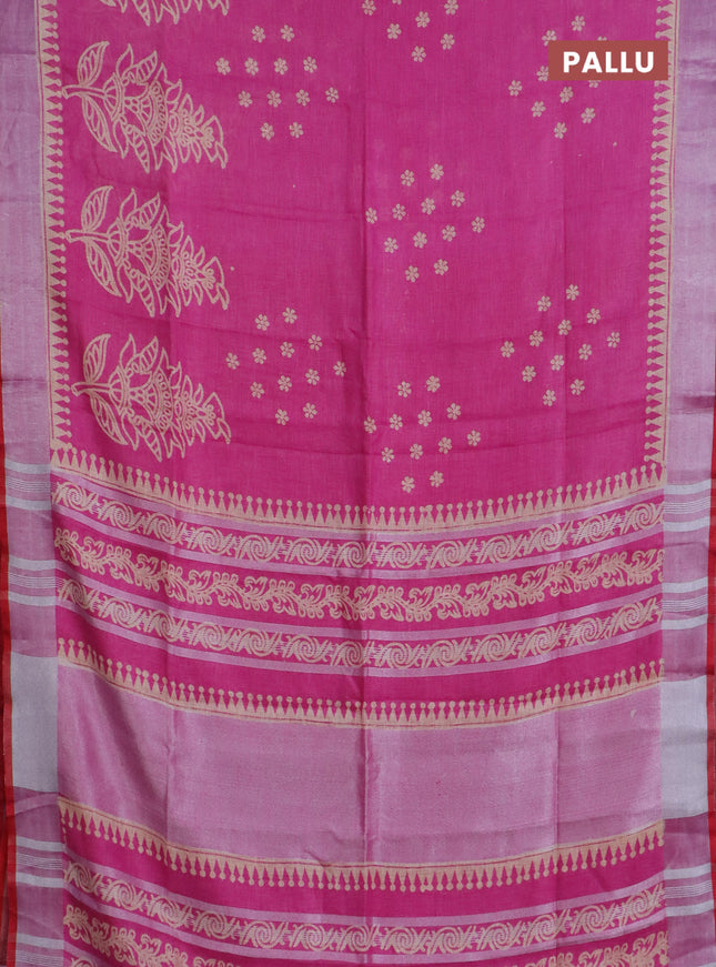 Pure linen saree pink and red with allover prints and silver zari woven border