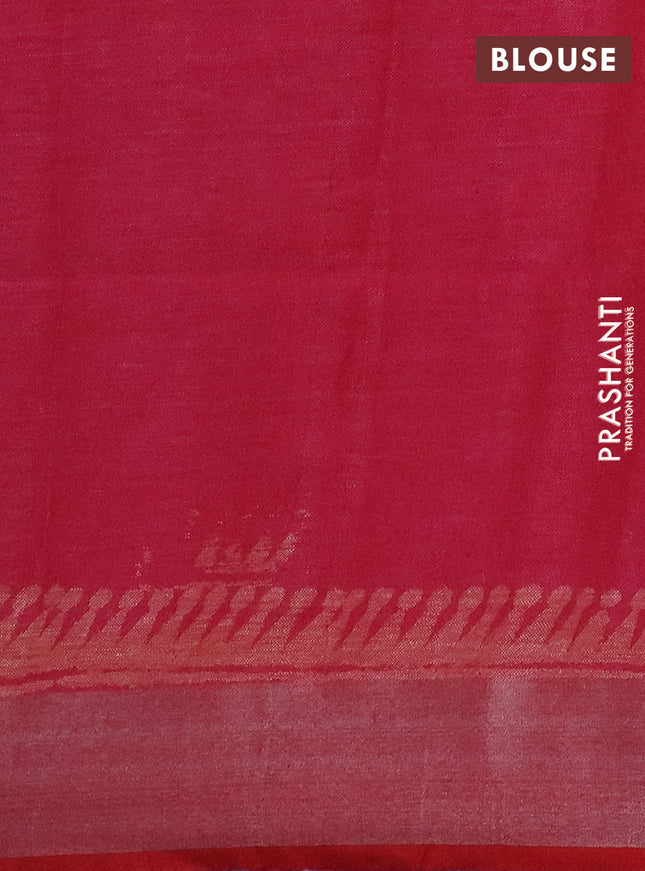 Pure linen saree pink and red with allover prints and silver zari woven border