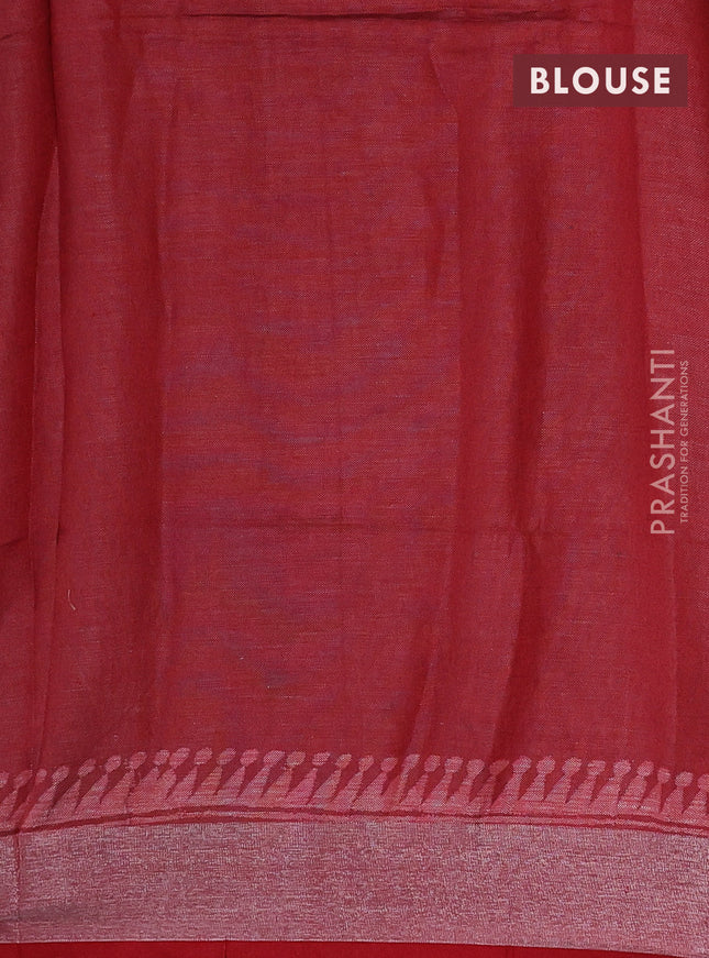 Pure linen saree pastel brown and red with allover prints and silver zari woven border