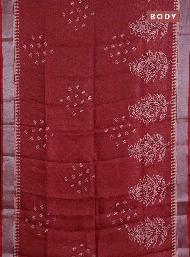 Pure linen saree maroon with allover prints and silver zari woven border