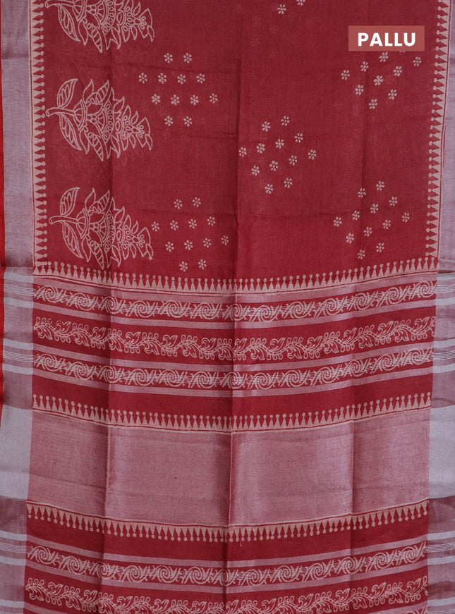 Pure linen saree maroon with allover prints and silver zari woven border