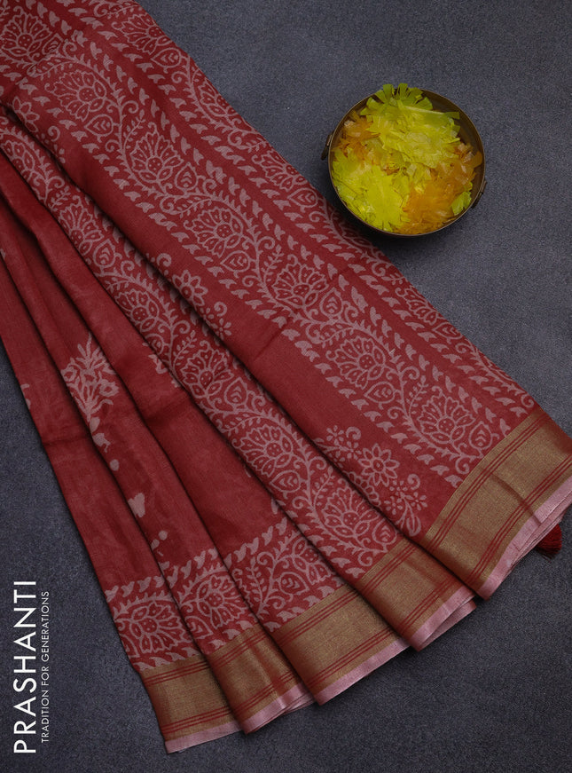 Pure linen saree red with allover prints and silver zari woven border