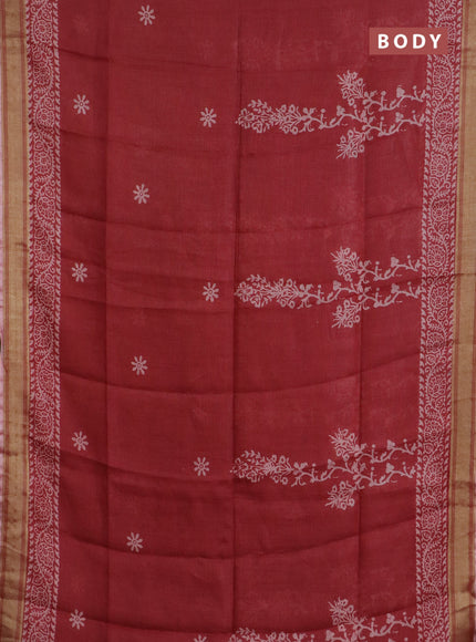 Pure linen saree red with allover prints and silver zari woven border