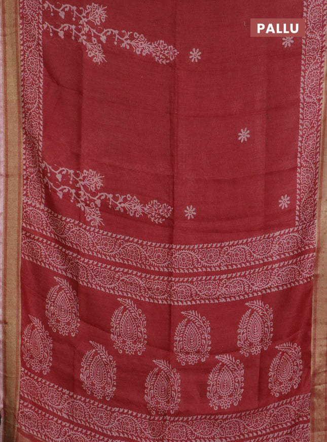 Pure linen saree red with allover prints and silver zari woven border