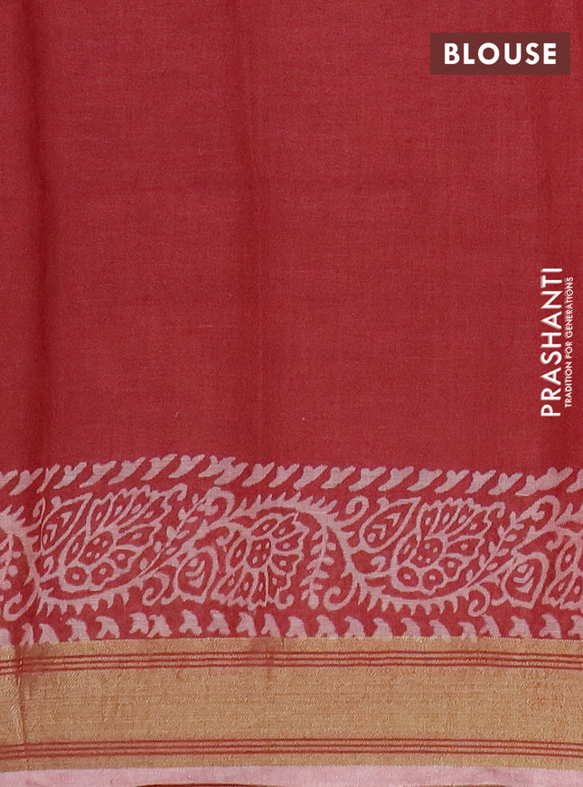 Pure linen saree red with allover prints and silver zari woven border