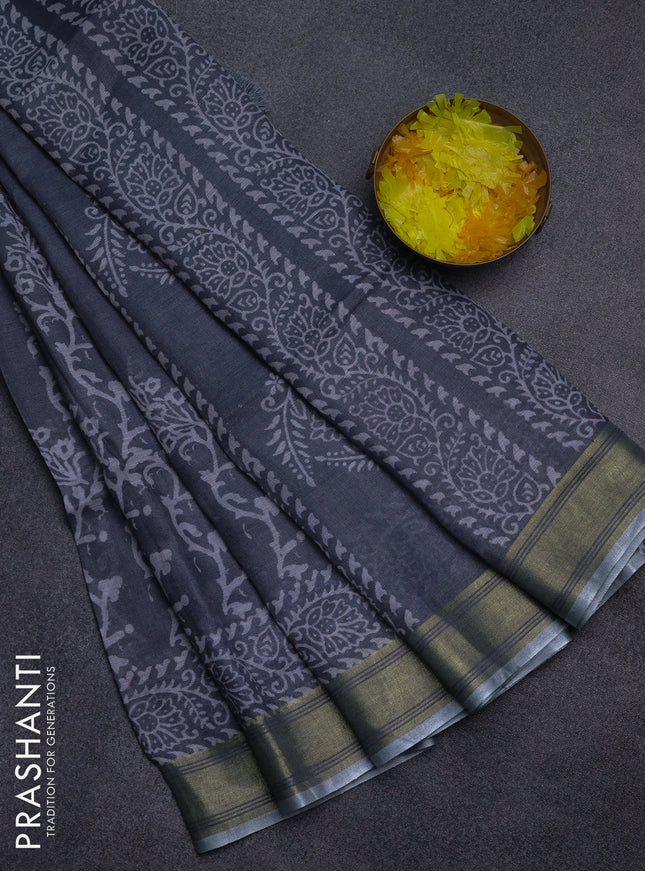 Pure linen saree grey with allover prints and silver zari woven border