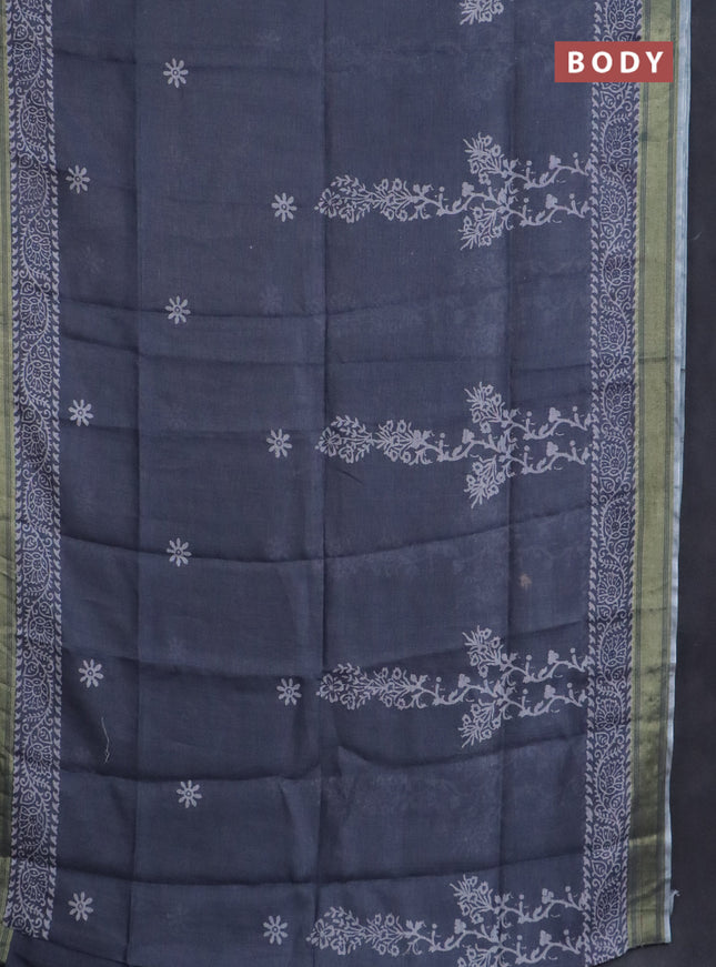 Pure linen saree grey with allover prints and silver zari woven border