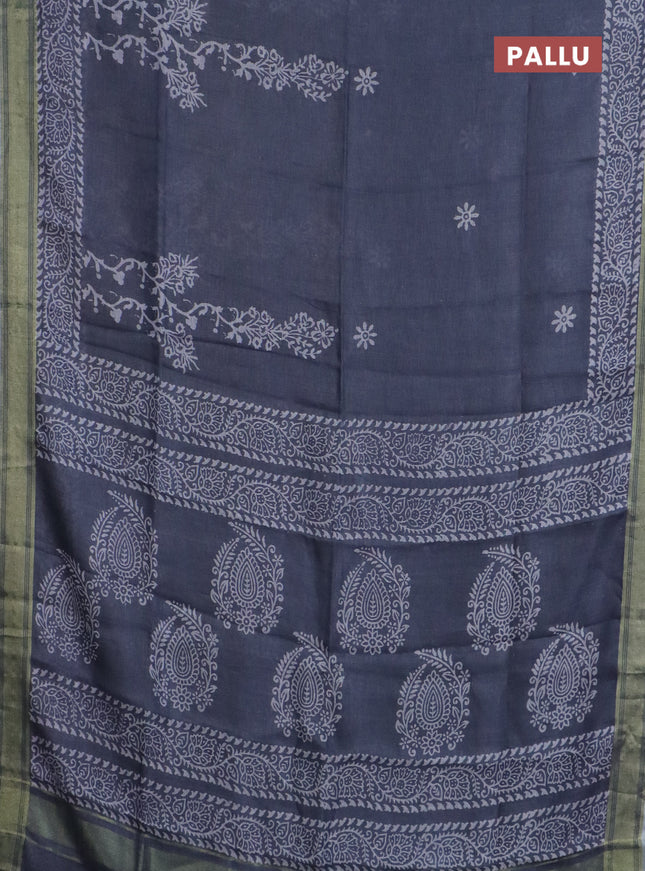 Pure linen saree grey with allover prints and silver zari woven border