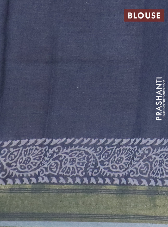 Pure linen saree grey with allover prints and silver zari woven border