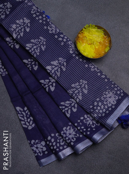 Pure linen saree navy blue with allover batik butta prints and silver zari woven border