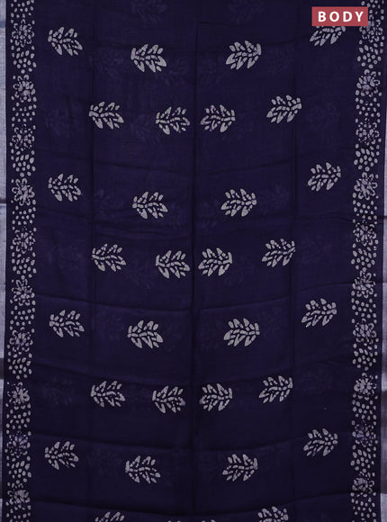 Pure linen saree navy blue with allover batik butta prints and silver zari woven border