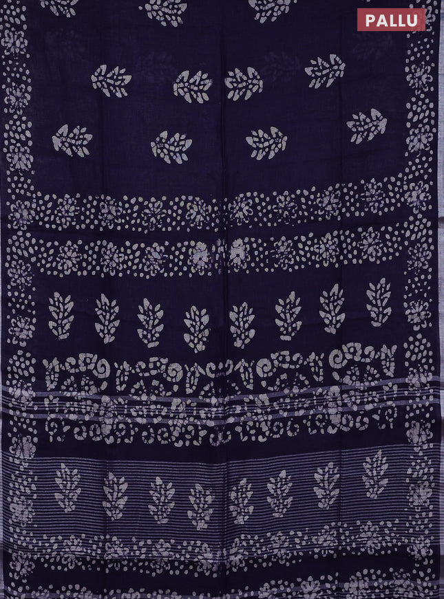 Pure linen saree navy blue with allover batik butta prints and silver zari woven border
