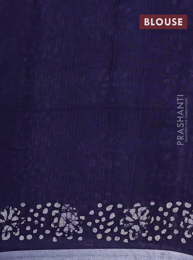 Pure linen saree navy blue with allover batik butta prints and silver zari woven border